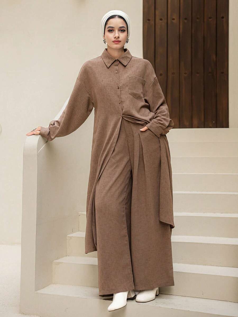 DAZY 2pcs Women's Business Casual Shirt Set - Khaki - View 1