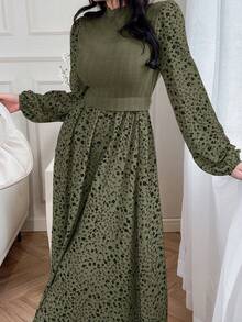 Feyla Women's Casual Vacation Style Ditsy Floral Lantern Sleeve 2 In 1 Arabic Dress, Spring/Autumn Green Elegant Dress Women Olive Dress - Army Green - View 3