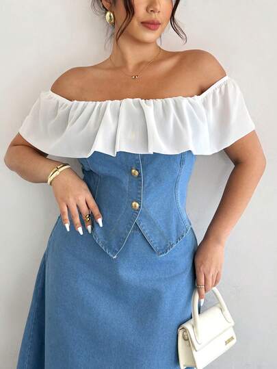 Firerie Bộ 2 món áo trễ vai bèo nhún cài nút và chân váy denim cho nữ cỡ lớn