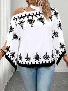 Elenzga Camisa feminina plus size com estampa aleatória e simples para o dia a dia, top de um ombro só - Preto - Ver 3