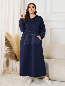 Lacomfia 女士连帽长袖宽松拼接休闲家居连衣裙，大码，秋冬款 - 藍色 - 查看 6