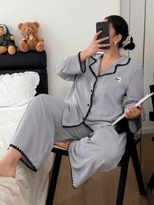 SHEIN 大码女式梭织条纹刺绣拼接长袖睡衣套装 - 深灰色 - 查看 7