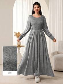 Seusyu Lace Patchwork Knitted Long Sleeve Flared Hem Arabic Style Dress For Women - Dark Grey - View 3