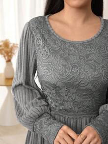 Seusyu Lace Patchwork Knitted Long Sleeve Flared Hem Arabic Style Dress For Women - Dark Grey - View 5