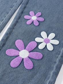 SHEIN ChillGRL 少女复古Y2K花卉植绒贴袋阔腿牛仔裤 - 藍色 - 查看 3