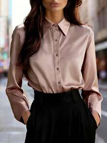 Balvessa 女士酒红色缎面衬衫，高品质上衣，春秋季 - 藕粉色 - 查看 3