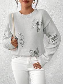 EMERY ROSE Women's Casual Butterfly Sequin Embroidered Drop Shoulder Long Sleeve Pullover Sweater, Autumn/Winter - Light Grey - View 3