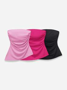 Comfortcana 3pcs Women Plain Minimalist Ruched Slim Fit Casual Tube Top Set - Multicolor - View 7