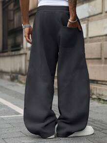 Manfinity EMRG Men's Solid Color Drawstring Waist Pockets Wide Leg Loose Casual Sweatpants - Dark Grey - View 2