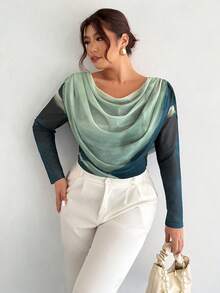 Firerie Áo nữ cỡ lớn thanh lịch cổ xếp ly tay dài in họa tiết ombre ôm sát gợi cảm/Áo thun lưới cỡ lớn, thích hợp cho Ngày Valentine, hòa nhạc, biểu diễn, hẹn hò, tiệc tối trang trọng, dạ hội, mùa cưới, gợi cảm, thanh lịch, đi làm, tựu trường, kỳ nghỉ, bãi biển, lãng mạn, nữ công sở, kiểu nàng tiên cá, tiệc sinh nhật. - Nhiều màu - Xem 4