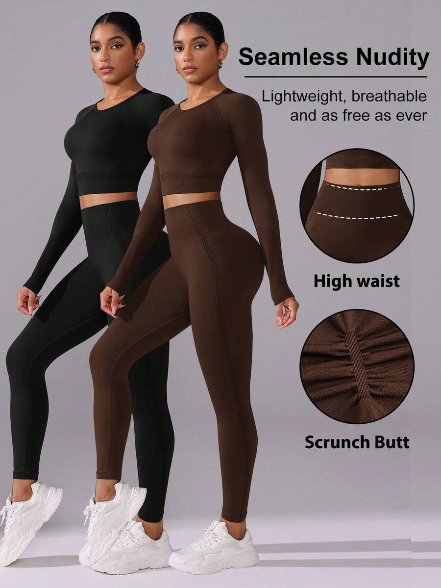 Eassivo Eassivo Ensemble de sport sans couture pour femmes avec t-shirt à manches raglan de couleur unie et leggings taille haute - Multicolore - Voir 1