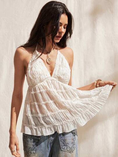 Easelle Summer Vacation Style With Pleated Waistline Shaping Casual Bohemian Backless Halter Neck Tank Top For Women