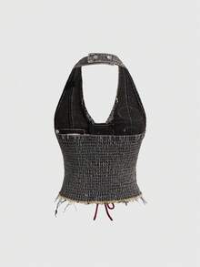 ROMWE Avant 女士 Y2K 复古运动芭蕾风图案刺绣系带低腰性感牛仔露脐上衣 - 淺灰色 - 查看 2