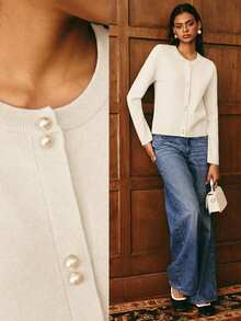 Poéselle Áo len cardigan dệt kim dài tay màu trơn dành cho nữ, Thu/Đông - Màu be - Xem 1