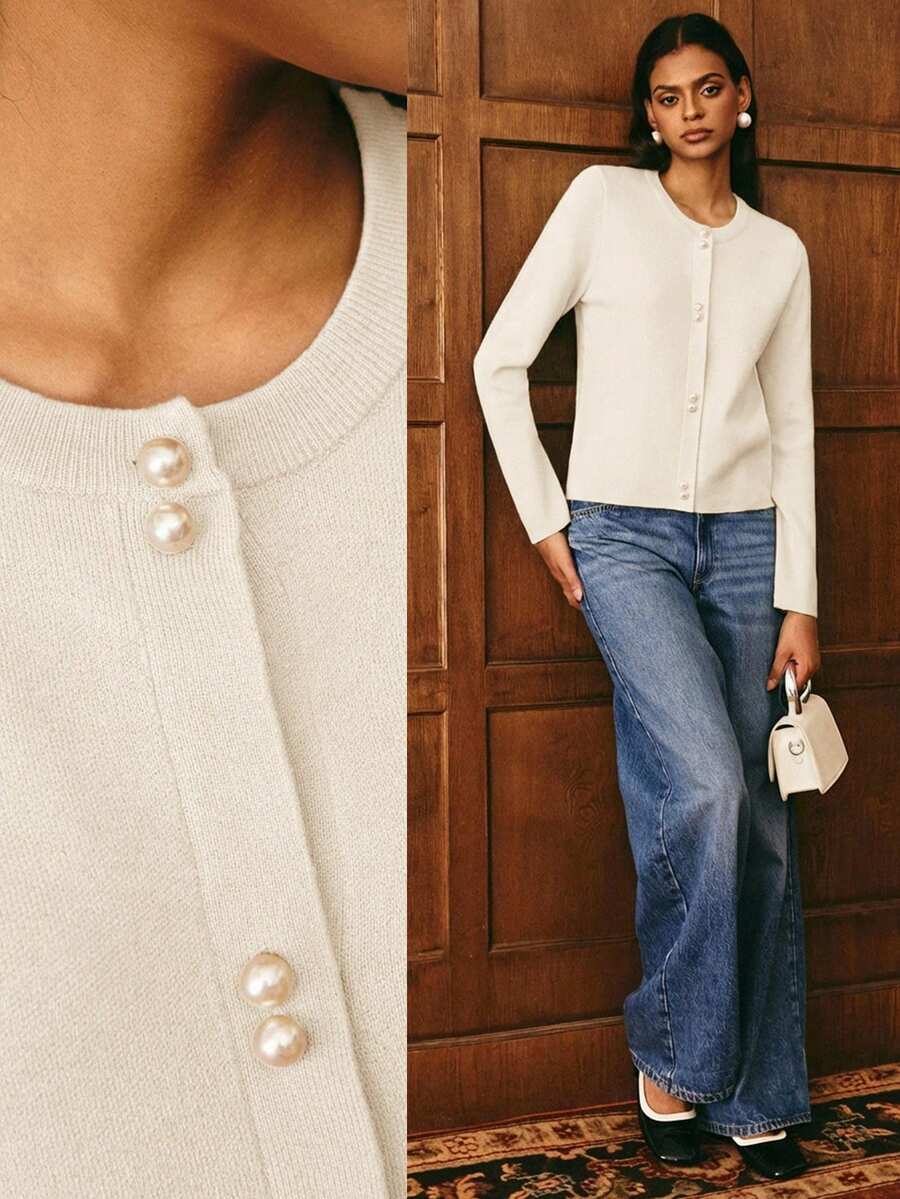 Poéselle Áo len cardigan dệt kim dài tay màu trơn dành cho nữ, Thu/Đông - Màu be - Xem 1