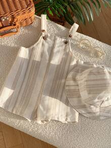 SHEIN Bộ 2 món quần yếm sọc kaki đa năng mùa hè cho bé trai sơ sinh kèm mũ cùng màu. - Nhiều màu - Xem 3