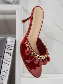 SHUZIA 女士优雅方头心形链条装饰细高跟凉鞋 - 酒紅色 - 查看 7
