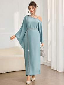 Al Najma 女士优雅拼接缎带肩部阿拉伯风格连衣裙，秋季 - 綠色 - 查看 4