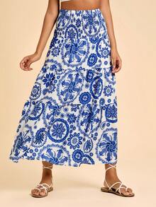 Travachic Women's Boho Blue Random Print Woven Fabric Maxi Skirt With Ruffle Hem And Slit Detail - Blue - View 4