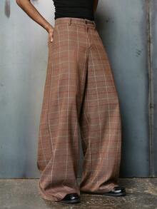 PAVTROS Men's Street-Style Popular INS Matching,Men's Plaid Pocket Wide Leg Loose Casual Pants With Embroidery Details, ,Stacked,Formal Pants,Streetwear,Warm Winter Outfits, Christmas Outfits,Boy Friend Gifts Plaid Pants Designer Pants Men Wide Leg Pants Men High Waisted Pants Mens Plaid Pants Brown Plaid Pants - Brown - View 4