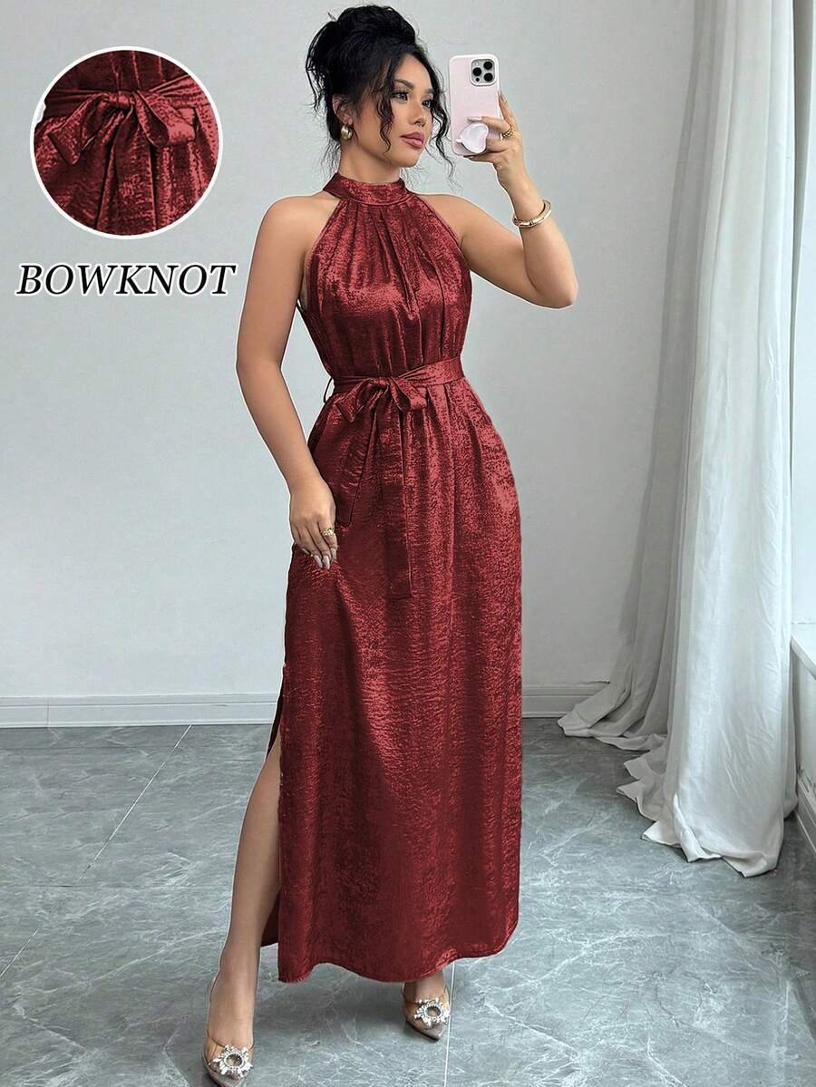 Elenzga Vestido de verano sin mangas con abertura lateral y cuello halter de tejido con lámina - Rojo - Ver 1
