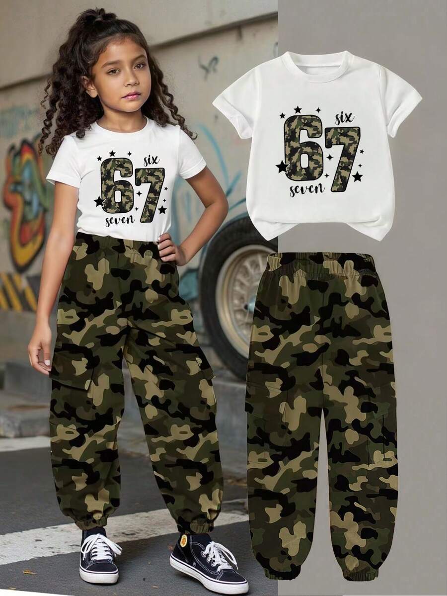 SHEIN Bộ 2 món/Bộ áo thun cổ tròn tay ngắn in họa tiết rằn ri thời trang thường ngày cho bé gái và quần túi hộp, phù hợp cho mùa hè, xuân, thu, bộ quần áo cho bé gái, áo thun và quần dài cho trẻ em 6 tuổi, hoạt động ngoài trời, thường ngày, trở lại trường, tiệc tùng, quà tặng - trắng - Xem 1