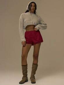 MUSERA Quần short mini bằng vải cotton poplin viền ren, kiểu dáng dễ thương, thích hợp cho mùa thu, phong cách đường phố, lễ hội, trang trại, đồng quê, cổ điển, mùa thu, mùa xuân, lễ Phục sinh, mùa hè, kỳ nghỉ, lễ hội. - Ngọn lửa đỏ tươi - Xem 2