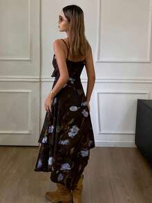 DAZY Váy bodycon họa tiết hoa nhún bèo viền bất đối xứng, trang phục dự tiệc thanh lịch dành cho nữ - màu nâu - Xem 2