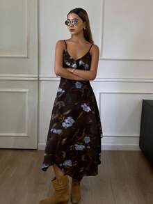 DAZY Váy bodycon họa tiết hoa nhún bèo viền bất đối xứng, trang phục dự tiệc thanh lịch dành cho nữ - màu nâu - Xem 5