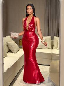 SOLERSUN فستان ماكسي مثير للنساء من قماش لامع مكشكش بياقة عميقة وظهر مكشوف، مناسب لحفلات الشاي بعد الظهر والتجمعات والخروجات الأنيقة والمواعيد والخروجات الرومانسية والخروجات الليلية وحفلات عيد الميلاد ورأس السنة والعطلات والملابس النسائية المثيرة وملابس النادي، مناسب لحفلات عيد الميلاد والعطلات وعيد الحب