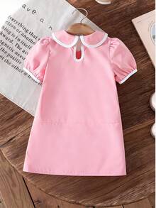 Elladie kids Young Girls Dress, Collegiate Style, Versatile, Petite Collar Design In Pink & White, Classic & Elegant, Ribbon & Bow Decor For Cute & Playful Look, Pleated Hem, Suitable For School, Events, And Everyday Wear - Pink - View 2