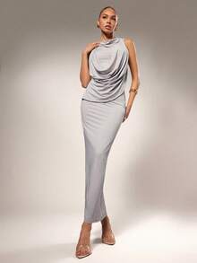 Hauture Women's Front Cowl Sexy Elegant Simple Back Mesh Design Maxi Dress - Light Grey - View 3