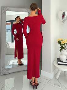 Siren Gaze Women's Dark Red Long Sleeve Elegant Waist Cinched Bowknot Decor Split Dress,Autumn Christmas Party Outfit,New Year Eve Valentine's Day Date Dress - Fiery Red - View 6