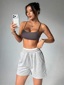 Dewbera 女士运动瑜伽户外健身休闲阔腿短裤，腰部拼接撞色抽绳基础款 - 灰色 - 查看 5