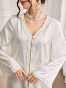 Al Najma 女士时尚新款重工刺绣宽松阿拉伯风格连衣裙 - 杏色 - 查看 1