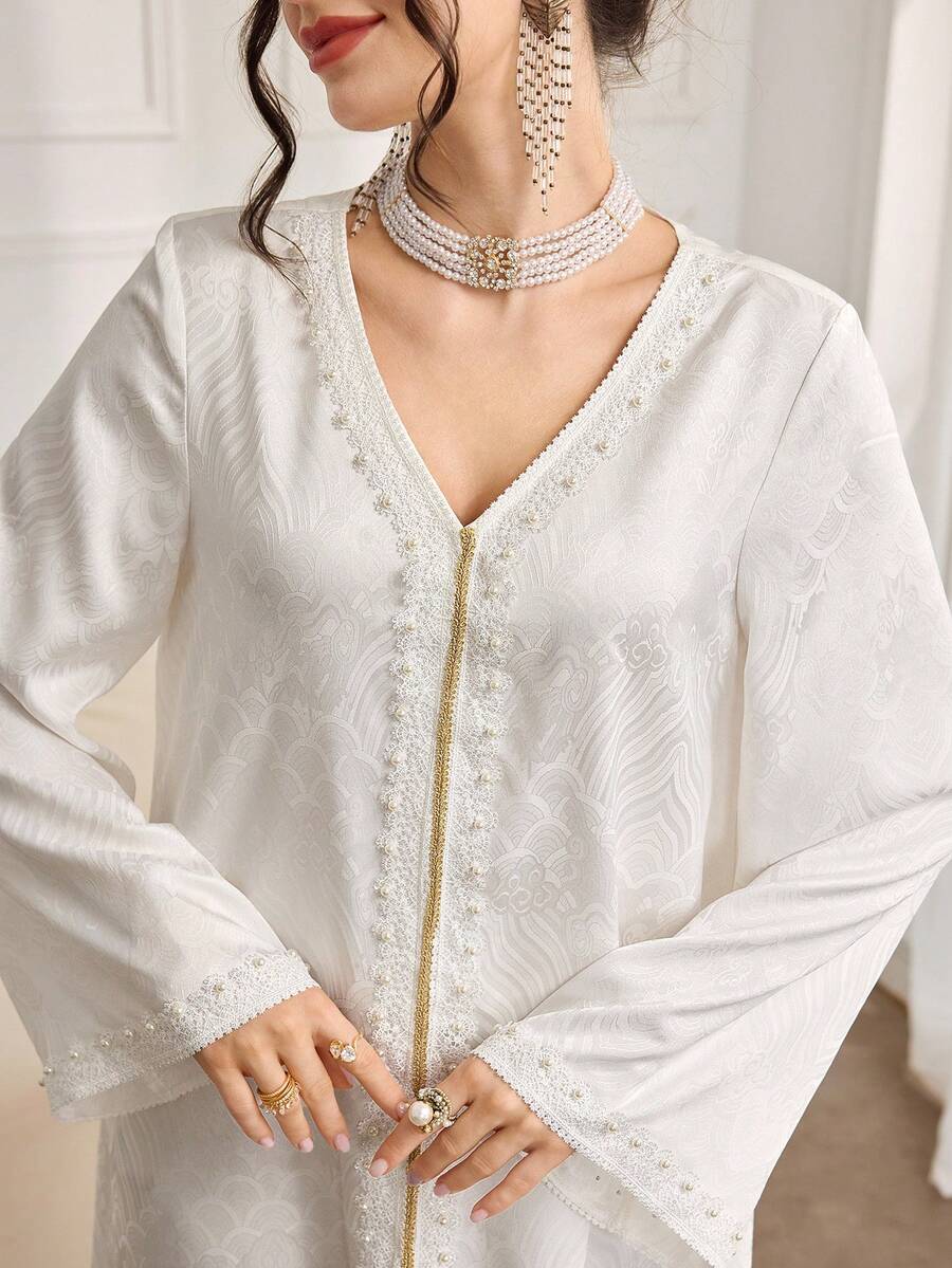 Al Najma 女士时尚新款重工刺绣宽松阿拉伯风格连衣裙 - 杏色 - 查看 1