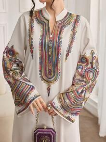 Al Najma 女士优雅时尚日常通勤连衣裙，宽松版型，花卉蕾丝饰边领口和袖口，浅色 - 杏色 - 查看 1