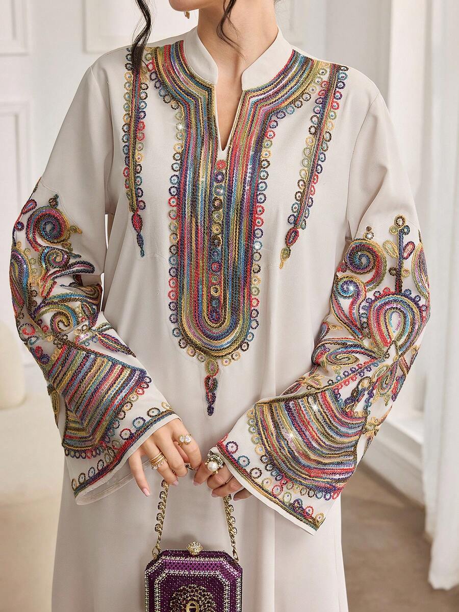 Al Najma 女士优雅时尚日常通勤连衣裙，宽松版型，花卉蕾丝饰边领口和袖口，浅色 - 杏色 - 查看 1