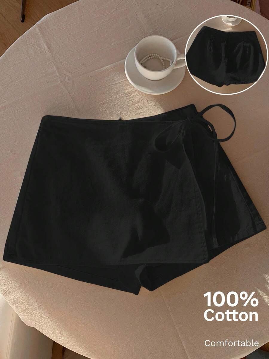 Comfortcana 女士休闲日常通勤简约百搭纯色系带牛仔裙裤，夏季 - 黑色 - 查看 1