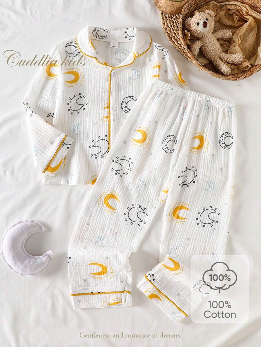 2 delar långärmade byxor för småbarn, vit kofta med färgglatt stjärn- och månetryck, bekväma bomullskläder för vardagsbruk, vår och höst - Vitt - Visa 1