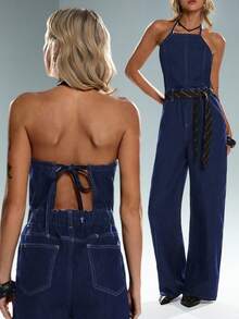 TRNVIE Fashionable Casual Sexy Backless Strap Denim Jumpsuit - Dark Wash - View 8