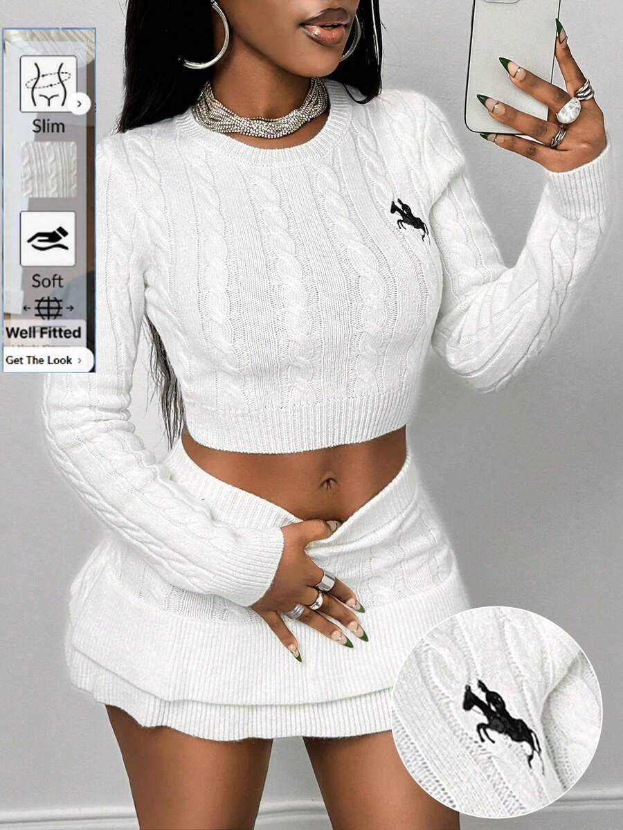 BamGleam 2pcs/Set Women Cable Knit Horse Embroidery Cropped Sweater + Pleated Knit Mini Skirt - White - View 1
