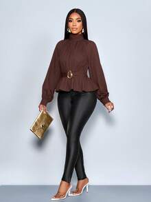 SOLERSUN 性感优雅通勤印花棕色秋冬女装长袖优雅休闲棕色性感优雅通勤印花棕色秋冬女装长袖优雅休闲棕色收腰金属配饰 - 咖啡棕 - 查看 7