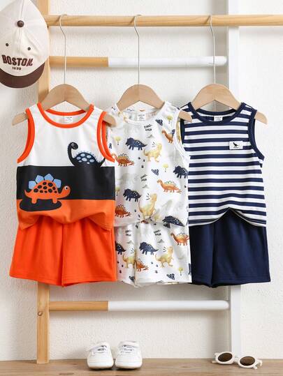 SHEIN 6pcs/Set Unisex Baby Boy Summer Casual Vacation Knit Cartoon Dinosaur Striped Vest & Elastic Waist Shorts Set, Basic Outfit