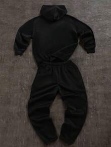 SHEIN 2pcs Tween Boy Casual Minimalist, Fashion Classic, Cool Style, Number 67, Retro American, Sports Style, "67" Printed Long Sleeve Hoodie Sweatshirt Set, Suitable For Summer - Black - View 2