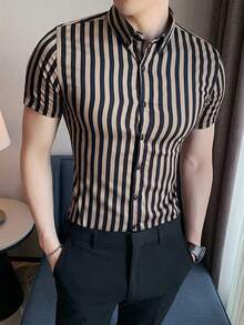 Manfinity Homme Men's Striped Single-Breasted Casual/Business Short Sleeve Shirt - Khaki - View 3