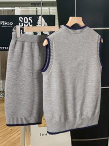 女士针织背心短裤套装（两件套），灰色衣身搭配藏蓝色滚边，休闲学院风度假装 - 灰色 - 查看 2
