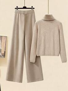 Pariaura New Oatmeal Ribbed Knit Set, High Neck Long Sleeve Top And Wide Leg Pants, Loose Relaxed Silhouette, Soft And Skin-Friendly Knit Fabric, Matching Tonal High-End Color, Relaxed Casual Vibe, Suitable For Loungewear, Commuting, And Effortless Styling Knit Two Piece Set Beige Two Piece Set Sweater Set Comfortable Two Piece Set Cream Two Piece Set - Camel - View 2