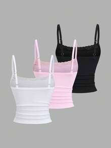 Sweetra Sweet & Spicy Cute & Elegant Music Festival Vacation Casual All-Match Daily Date Work School Layering Tight-Fitting White/Pink/Black Lace Camisole Cropped Backless Tank Top - Multicolor - View 2