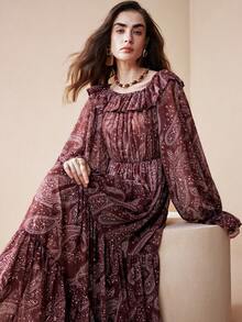 Arave 女士优雅雪纺吊带长袖喇叭袖收腰连衣裙，饰有腰果花印花 - 酒紅色 - 查看 2